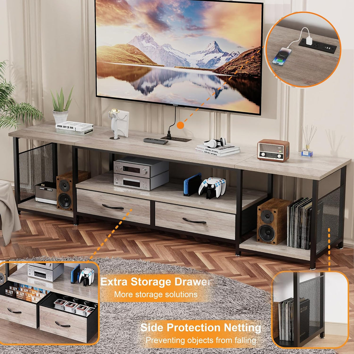 TV Stand with Drawers and Power Outlets for 75 70 65 Inch TV, Entertainment Center with Open Storage Shelves, Media Industrial TV Console Table for Living Room Bedroom Office, Greige