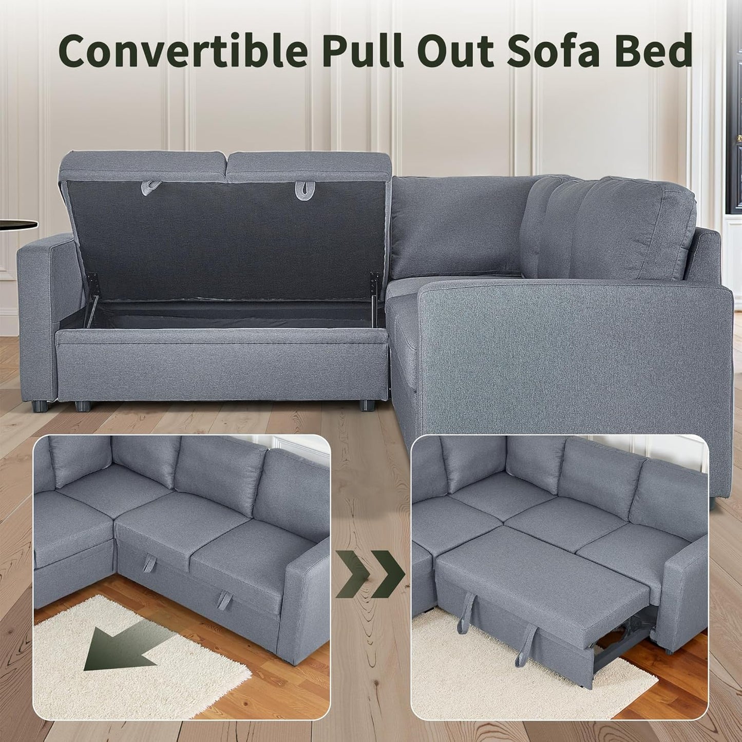 83" Pull Out Sleeper Couch with Storage Chaise, Couch, Sofa Bed, Convertible L Shaped Sofa for Living Room, Apartment, Grey