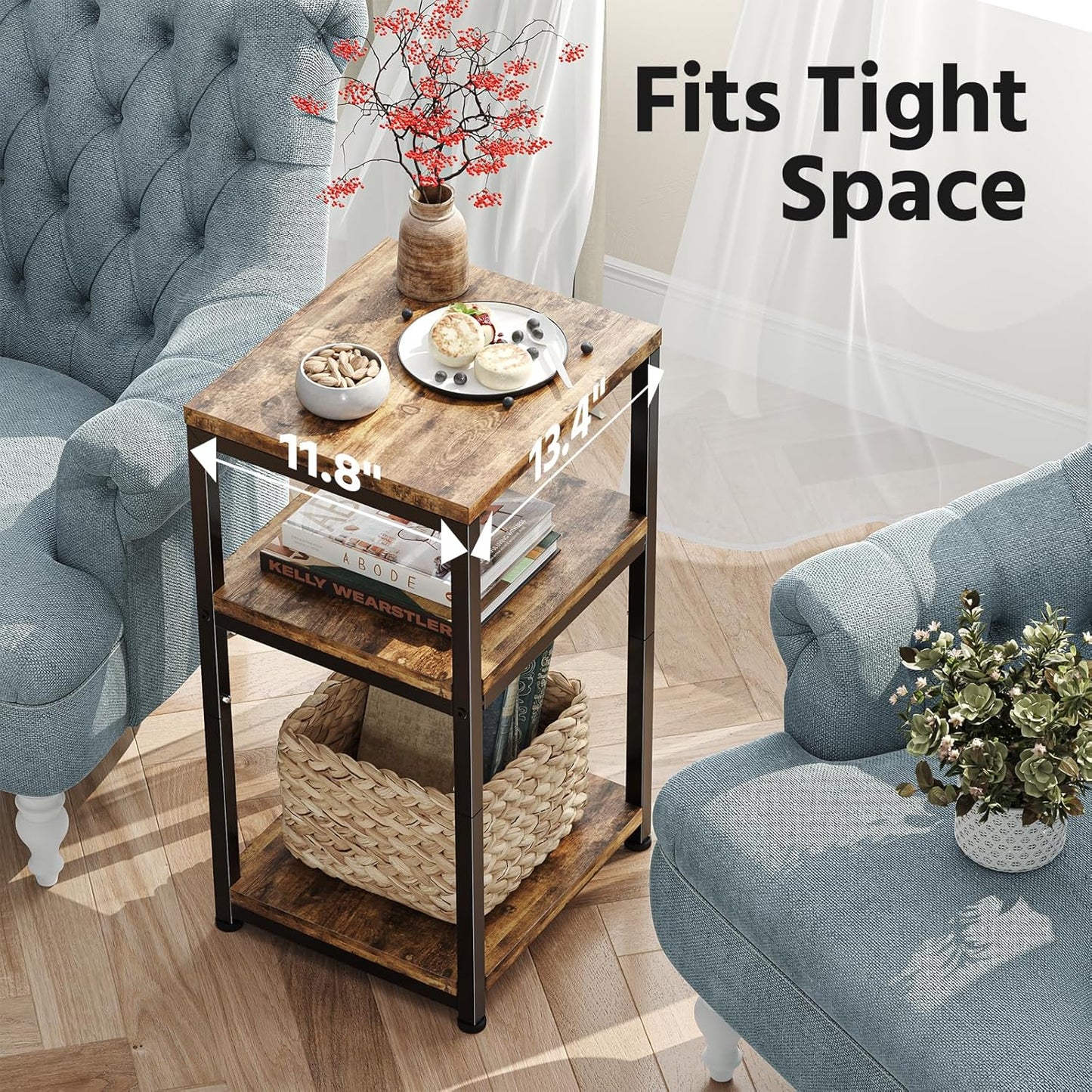 Simple Trending 3 Tier End Table, Side Table Sofa Couch Table for Living Room, Night Stand Storage Shelf, Rustic Brown