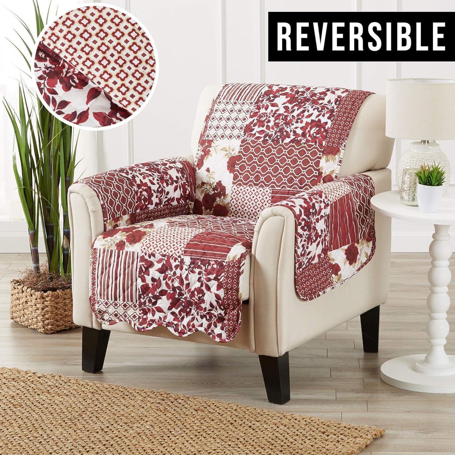 Great Bay Home Patchwork Scalloped Printed Furniture Protector Stain Resistant Chair Cover (Chair, Burgundy)