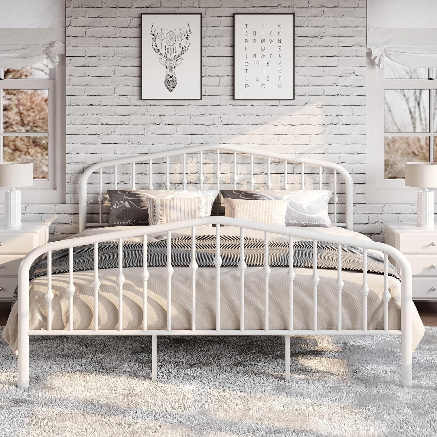 SHA CERLIN King Size Metal Platform Bed Frame with Victorian Style Wrought Iron-Art Headboard/Footboard, No Box Spring Required, White