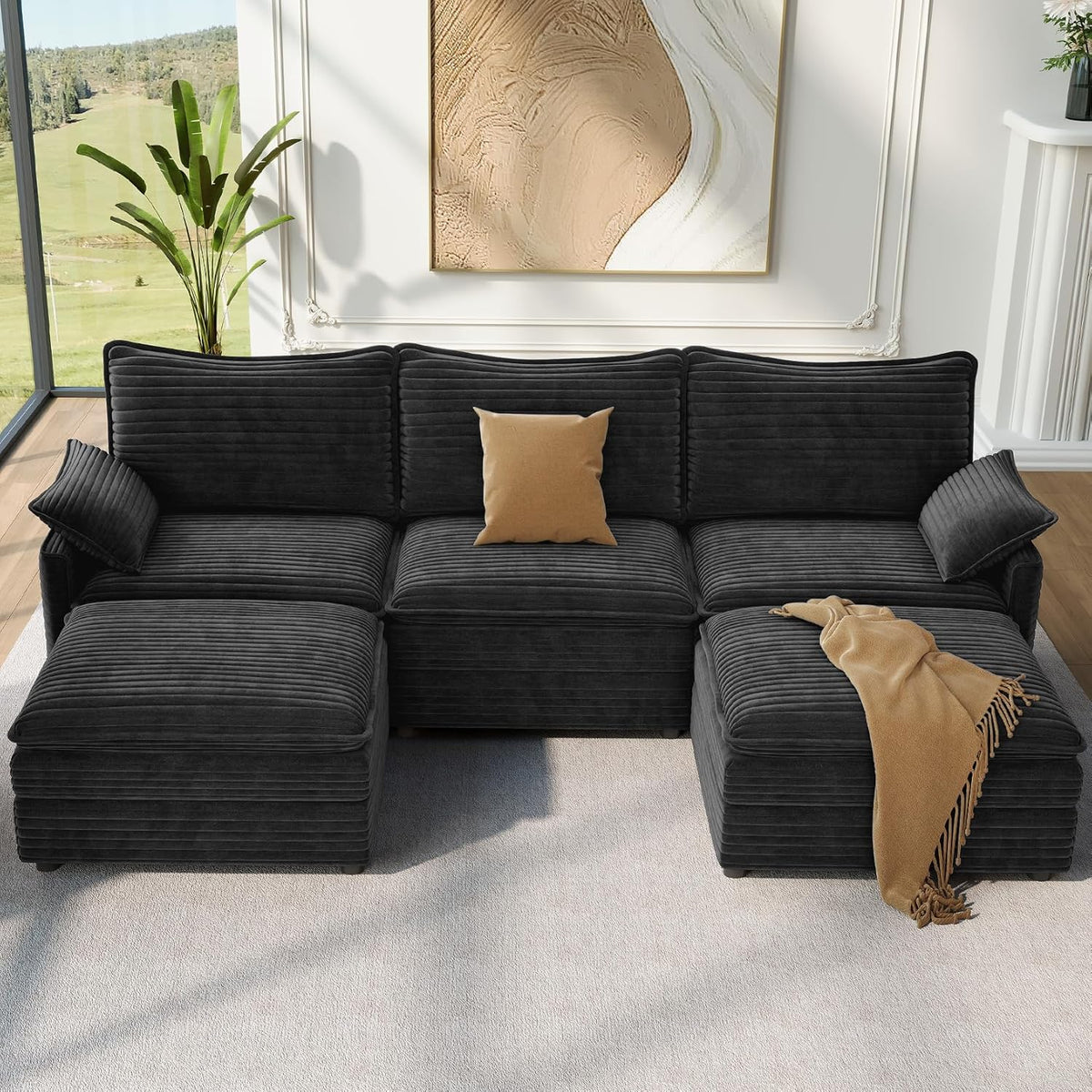 Vesgantti 108" U Shaped Sectional Couch, Comfy Cloud Modular Sectional Sofa with 2 Ottoman Deep Seat Corduroy Modern Cloud Sofa, Modular Sofas for Living Room, Bedroom and Apartment, Gray