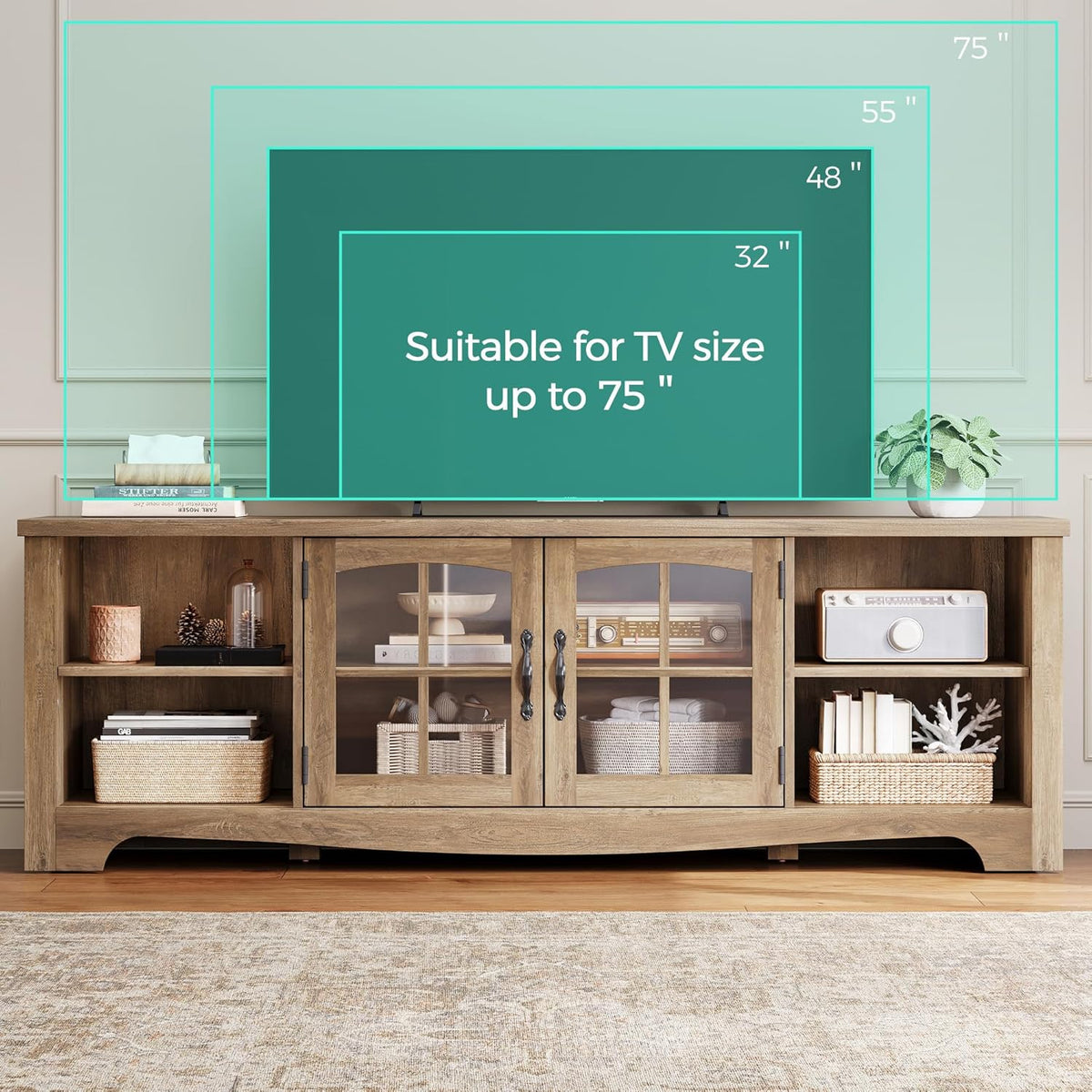 LINSY HOME TV Stand for 75 Inch TV, Modern Farmhouse Entertainment Center with Storage Cabinets and Glass Doors, Tall Media Console Table for Living Room, Bedroom, Large Long Television Stand, Brown