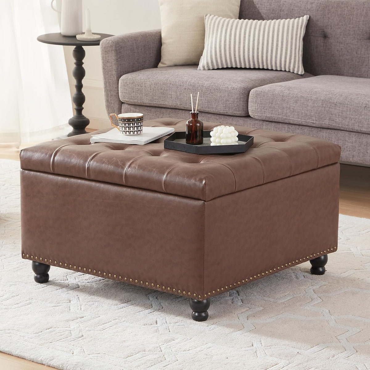 Tbfit Large Square Storage Ottoman Bench, Button Tufted Upholstered Coffee Table Ottoman with Wooden Legs, Oversized Storage Ottomans Toy Box Footrest for Living Room, Brown