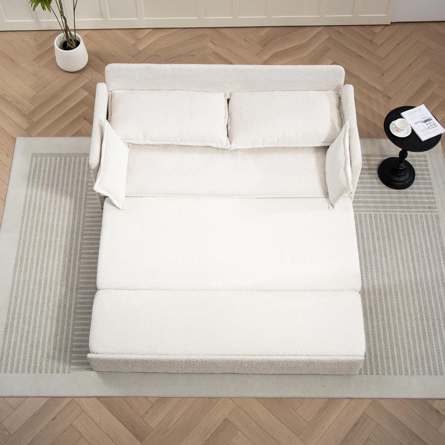 Furnimart 73.6" King Size Pull Out Sofa Bed, 3 in 1 Convertible Sleeper Bed with USB/C-Type Charging Ports & Side Pockets, Modern Futon Couch for Living Room, Apartment, Bedroom, Corduroy White