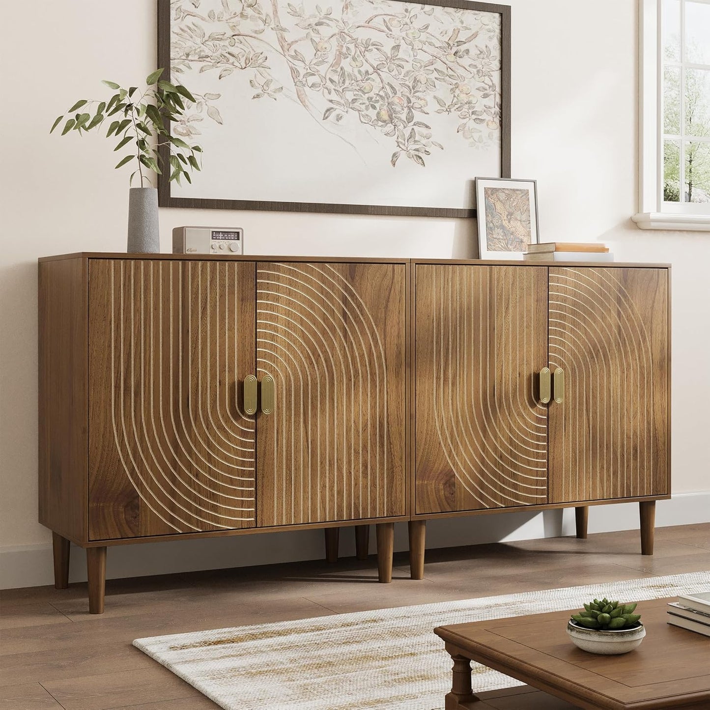 Smuxee Walnut Sideboard Cabinet, Freestanding Buffet Cabinet with Line Groove Design, Wood Storage Cabinet with Adjustable Shelf for Living Room, Entryway, Hallway