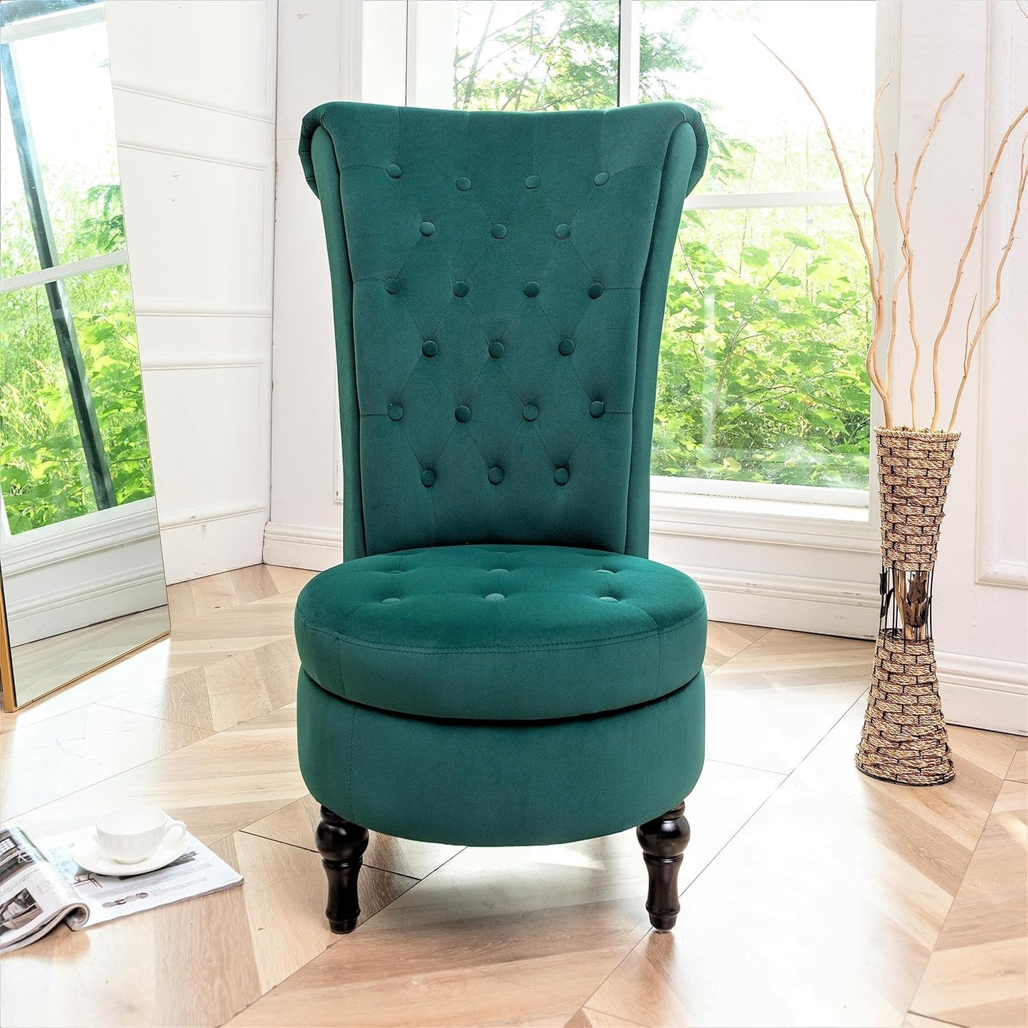 Container Furniture Direct Royal High-Back Velvet Accent Chair for Vanity with Storage and Luxurious Upholstery, Retro Design and Versatile Usage for Living Room, Bedroom, Lounge and Office, Green