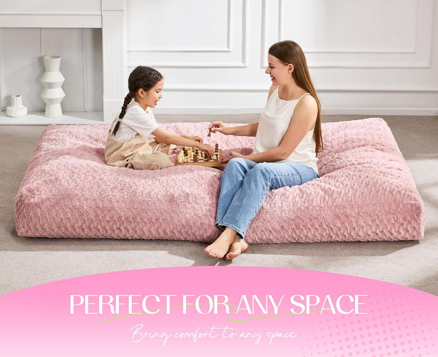 Hobestluk Bean Bag Chair Convertible Beanbag Chairs for Adults, 3 in 1 Bean Bags with Plush Chevron Cover, Adult Bean Bag Chair for Living Room, Bedroom (Pink, Twin)