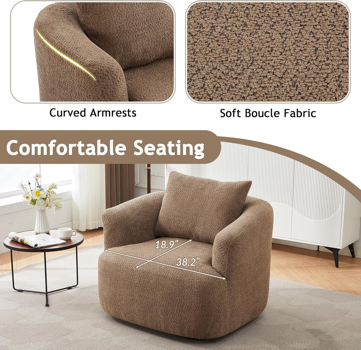 Merax Modern Cozy Chenille 360° Swivel Sofa Chair with a Throw Pillow, 38.2" Upholstered Leisure Barrel Accent Armchair with Deep Seating for Living Room Bedroom,Office, Hotel, Dark Brown