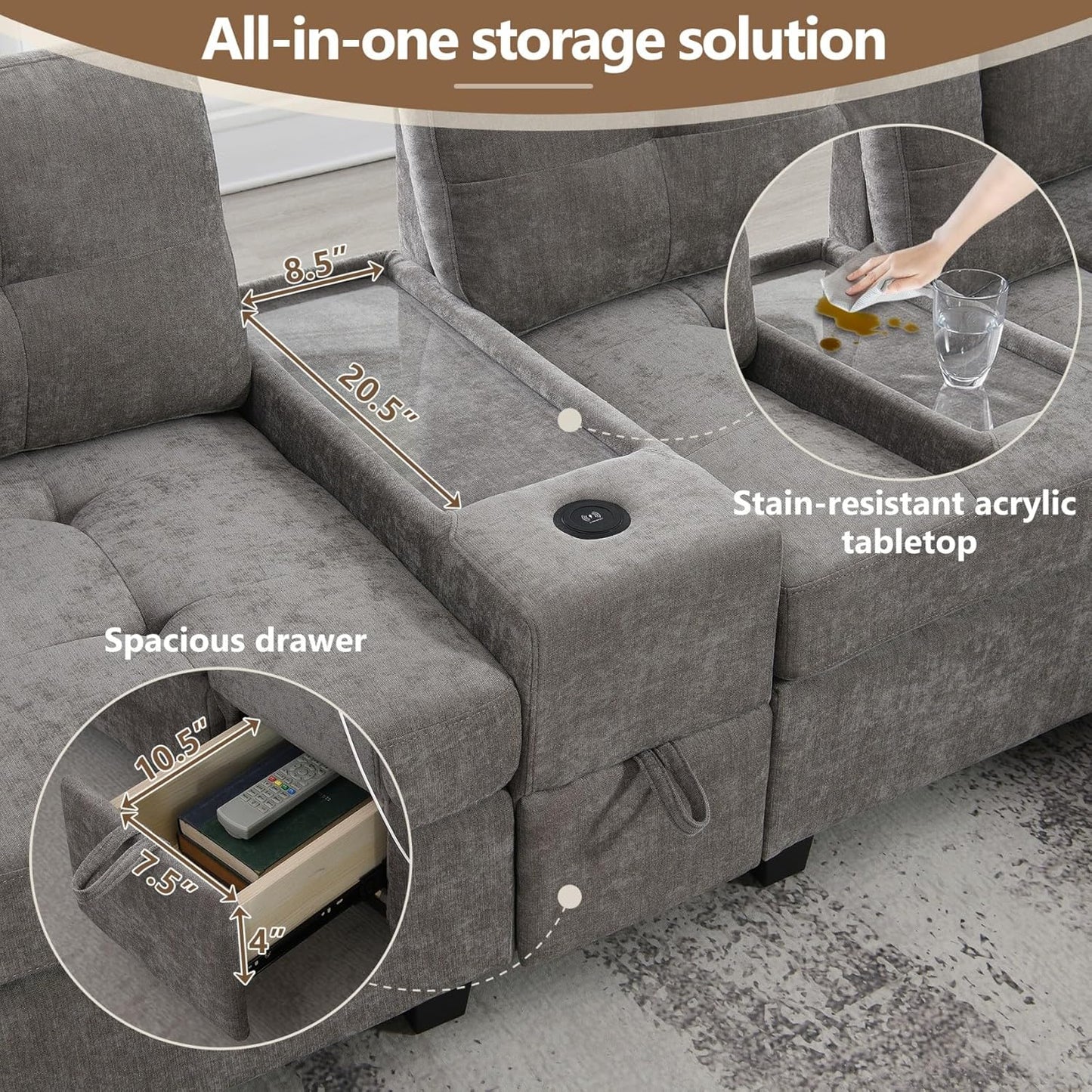 Merax 104 * 104" Chenille Sectional Couches with 2 Acrylic Consoles, Upholstered Modular Tufted Sofa Chaise with Ottoman, Storage Drawers, Pockets, USB Charger & Cup Holders for Living Room Apartment