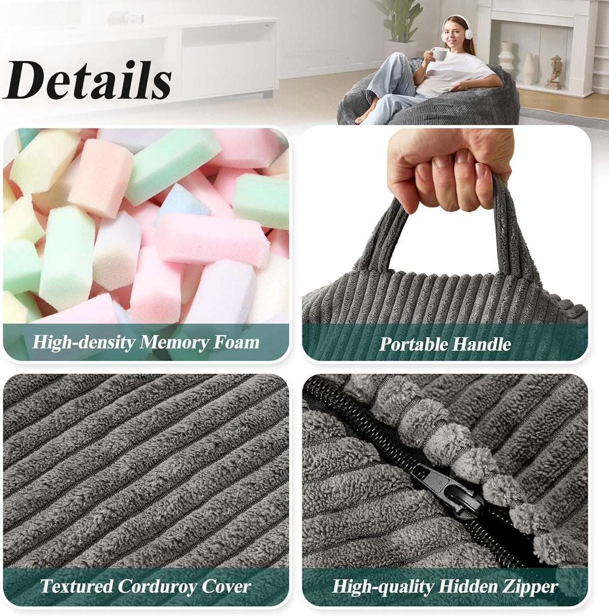 3.5FT Bean Bag Chairs Teardrop Bean Bag Chair for Adults Beanbag Chair with Memory Foam Filled Machine Washable Cover for Living Room, Bedroom (Large,Grey)
