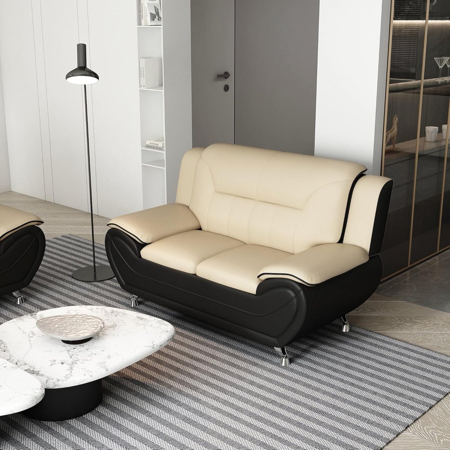 Container Furniture Direct Michael Modern Faux Leather Upholstered Stainless Steel Legs Living Room Loveseat, Black Camel