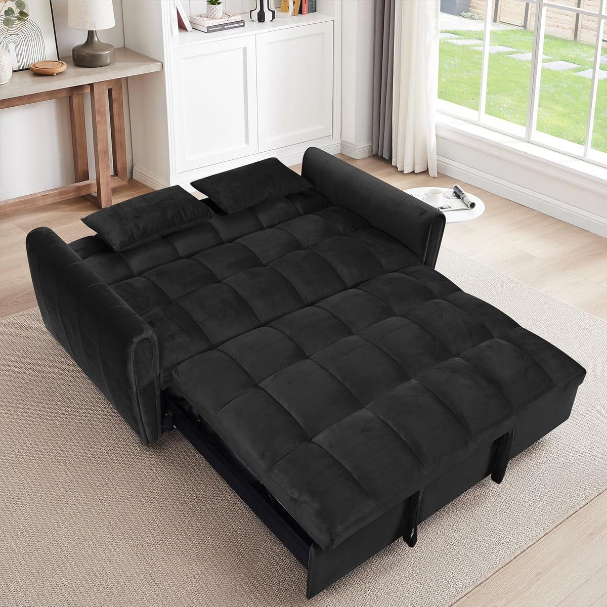 Ball & Cast 65" 3 in 1 Large Sleeper Sofa Bed,Velvet Upholstered Pull Out Couch with Adjustable Backrest&2 Pillows,Convertible Futon Sofa-Bed W/Side Pocket,Loveseat Chaise Lounge for Living Room,Black