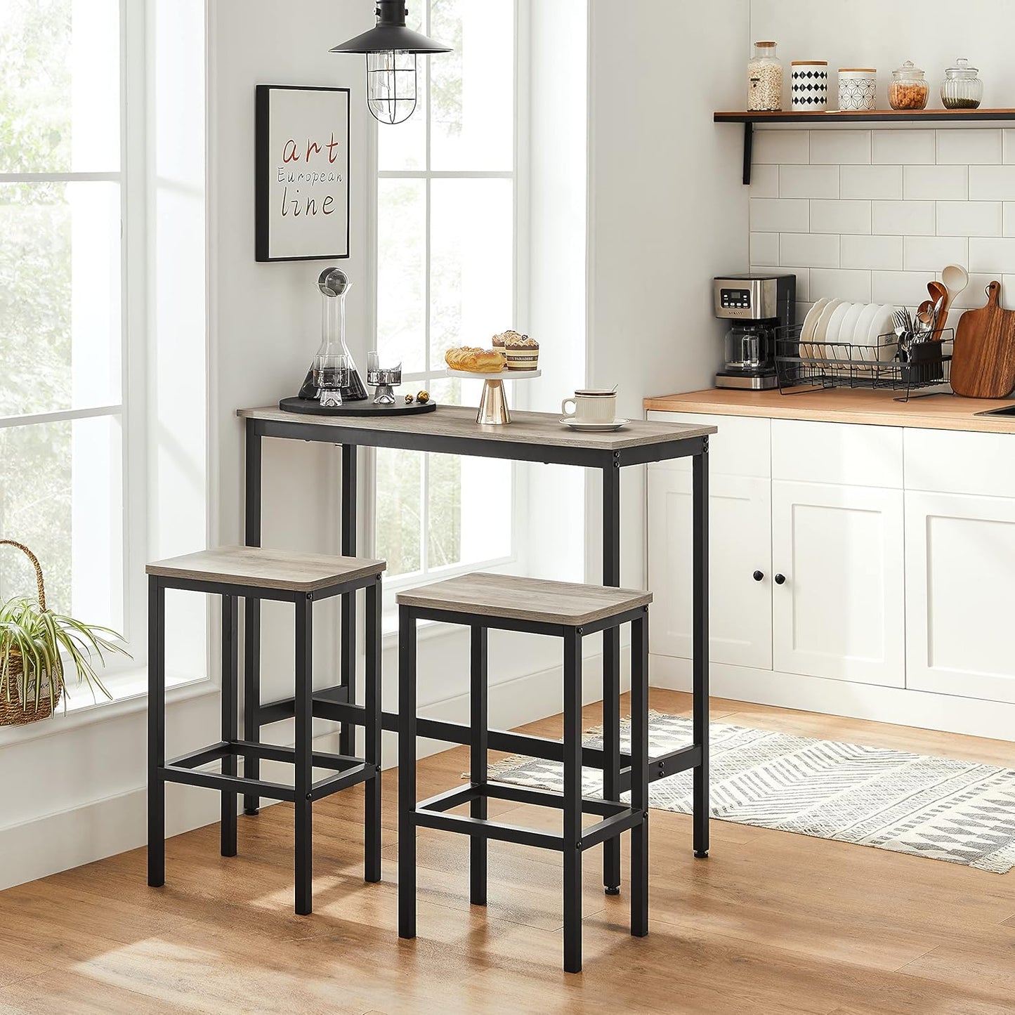 VASAGLE Bar Stools, Set of 2 Bar Chairs, Kitchen Breakfast Bar Stools with Footrest, Industrial in Living Room, Party Room, Greige and Black ULBC065B02