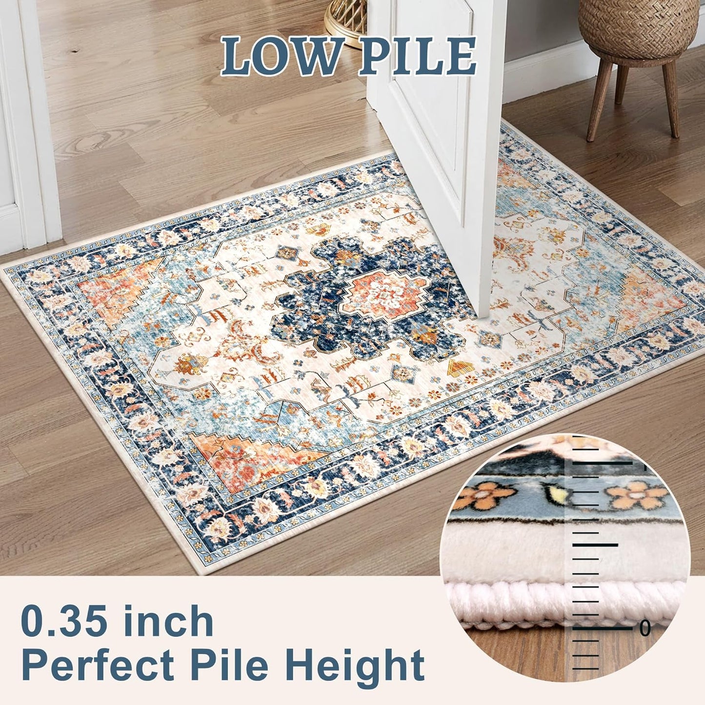 Tangsoo 3x5 Rug for Bedroom, Washable Vintage Rugs Indoor, Non Slip Accent Rug, Print Distressed Blue/Beige Carpet, Soft Low Pile for Living Room Dorm Bedroom Bedside Entryway Bathroom