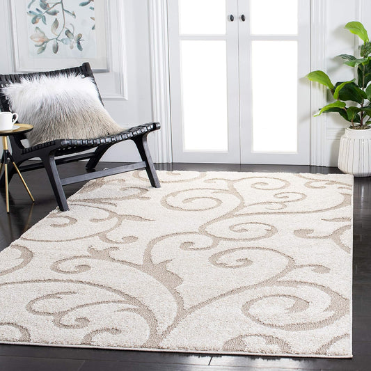 SAFAVIEH Florida Shag Collection Area Rug - 5'3" x 7'6", Ivory & Beige, Scroll Design, Non-Shedding & Easy Care, 1.2-inch Thick Ideal for High Traffic Areas in Living Room, Bedroom (SG455-13LT)