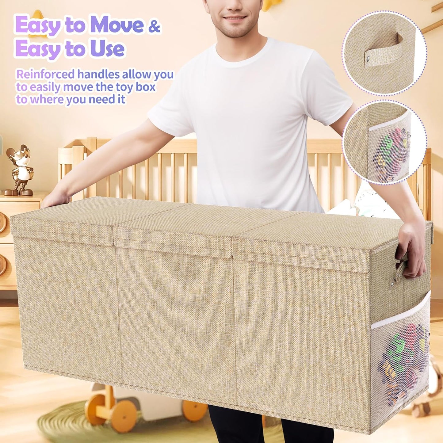 Extra Large Toy Box, Collapsible Sturdy Kids Toy Chest for Boys, Girls, 40"x14"x16" Storage Organizer Toddler Storage Bins with Lids, Toybox Basket for Living Room, Bedroom, Nursery, Beige