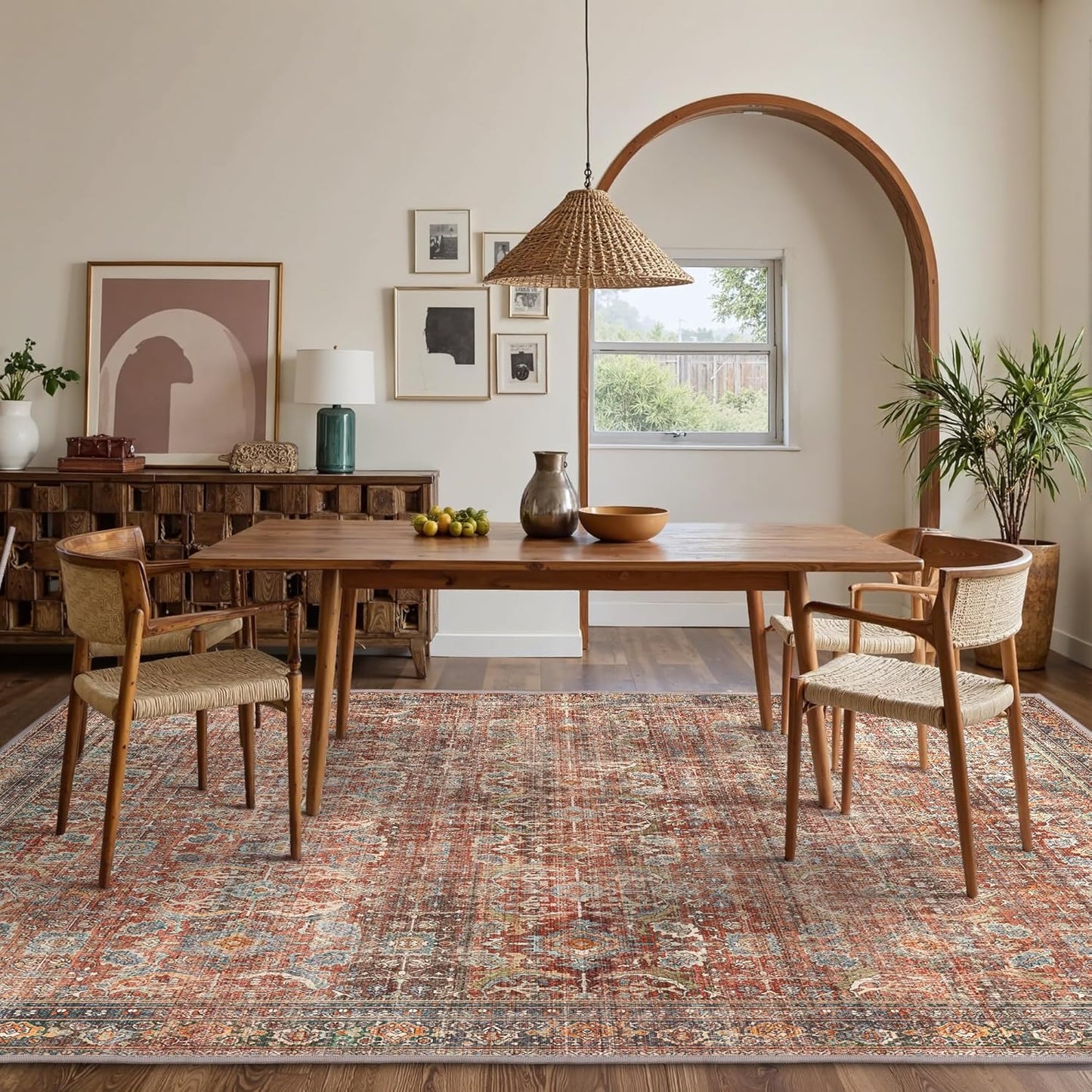 GENIMO 10x14 Area Rugs for Living Room, Machine Washable Non Slip Vintage Rugs, Low Pile Lightweight Chenille Print Rug for Bedroom, Dining Room, Home Office, Terracotta Indigo