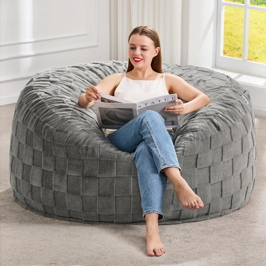 Hobestluk Bean Bag Chairs Beanbag Chair with Filler Adult Bean Bags with Fluffy Plaid Cover, Giant Bean Bag Chairs for Adults for Living Room, Bedroom (Grey, 4FT - 44” x 44” x 24”)
