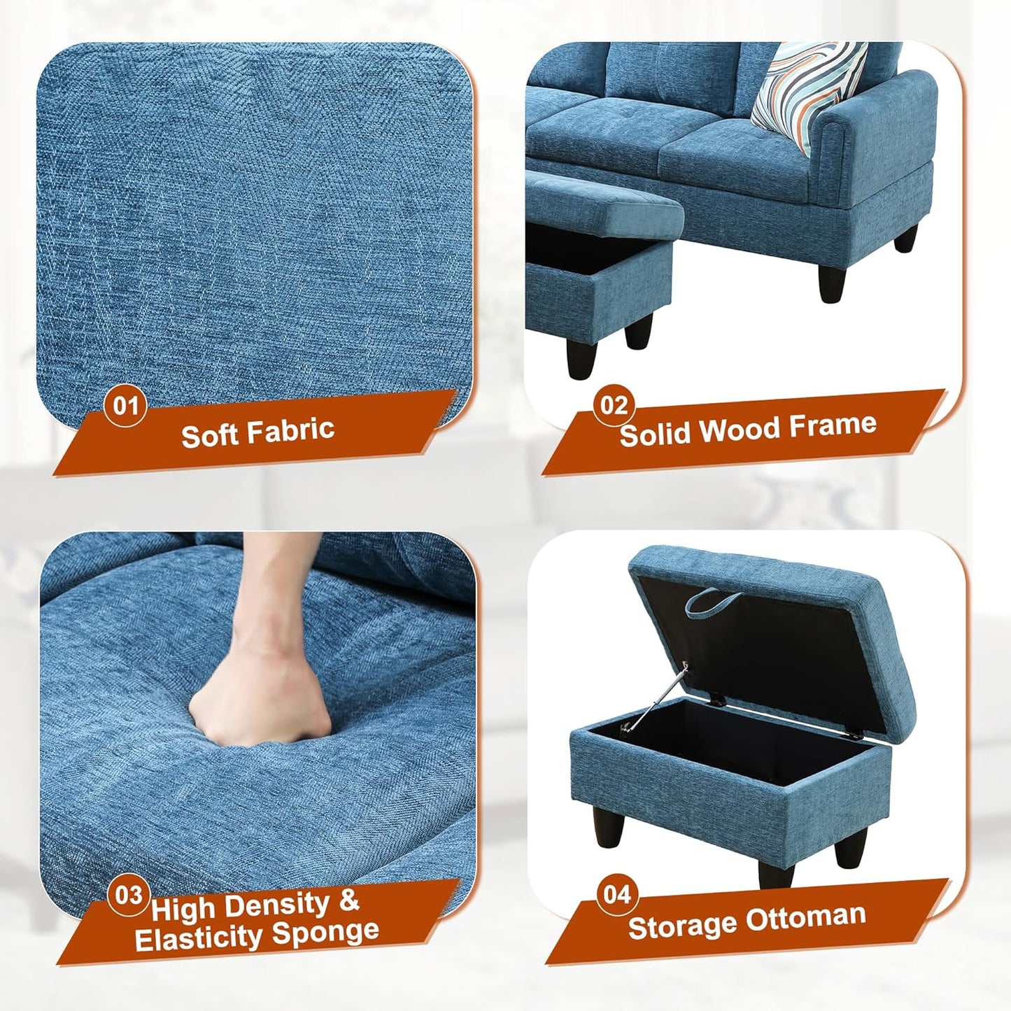 Osparple L Shaped Couch Sectional Couches for Living Room Upholstered Flannel 3 Pieces Modular Sectional Sofa with Chaise, Ottoman with Storage for Living Room and Small Apartment, Blue