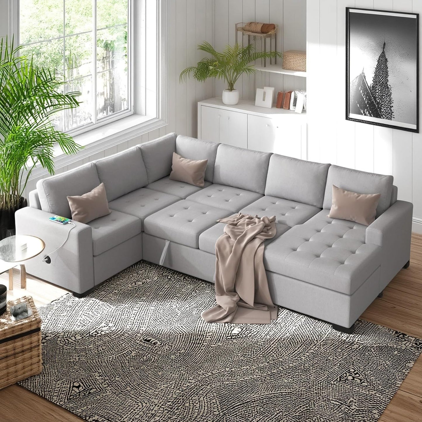 108.3 Inch Modular Sectional Sleeper Sofa with Pull-Out Bed and Lounge Chair, U-Shaped Combination Corner Couch w/USB & Type-C Interfaces, for Living Room Bedroom Office, Gray