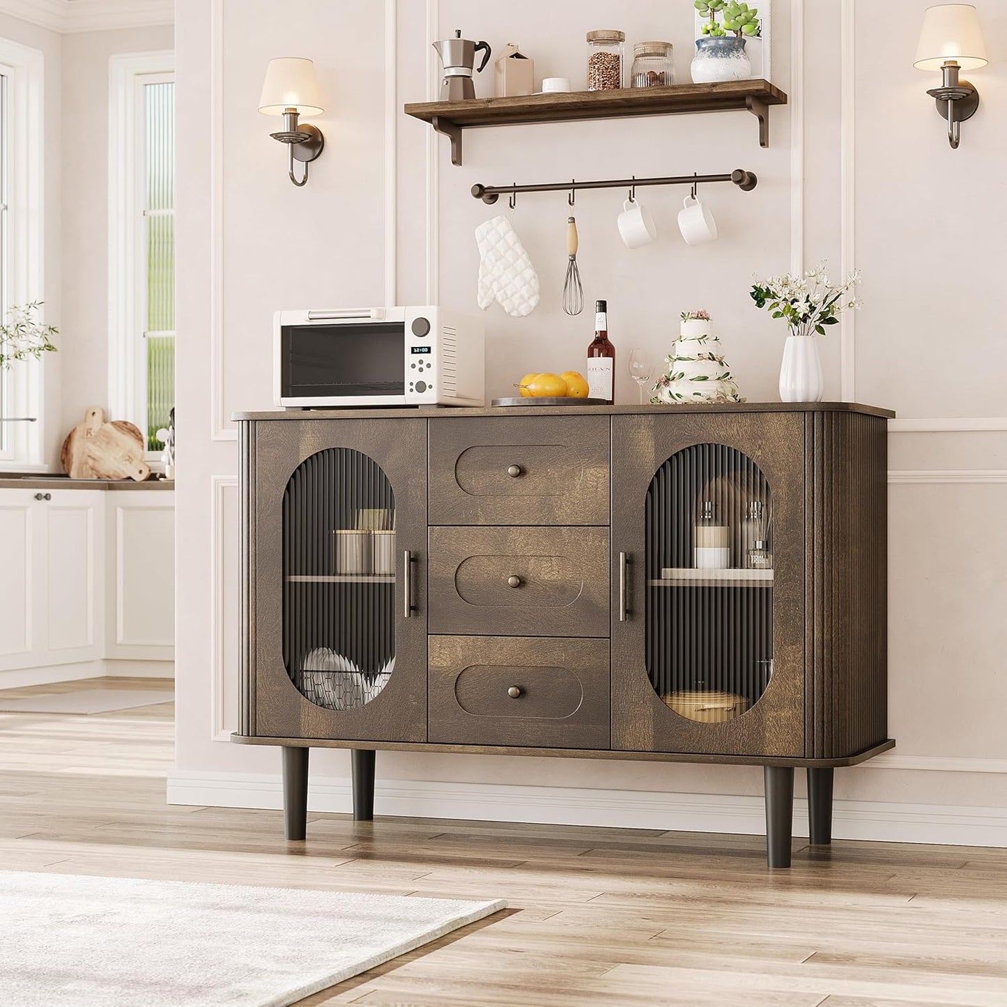 GarveeHome 47.2" Sideboard Buffet Cabinet with 2 Fluted Glass Doors & 3 Drawers, Modern Farmhouse Accent Coffee Bar with Adjustable Shelves for Kitchen, Living Room, Hallway, Walnut
