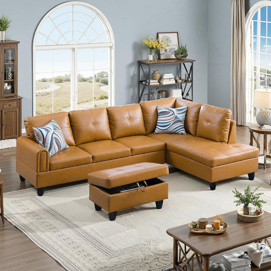 NicBex Sectional Couch 3 Pieces Sofa Set with Left Chaise Faux Leather L Shaped Cloud Couch for Living Room Furniture Sets with Storage Ottoman, Modular Sofa for Living Room & Apartment, Ginger Yellow