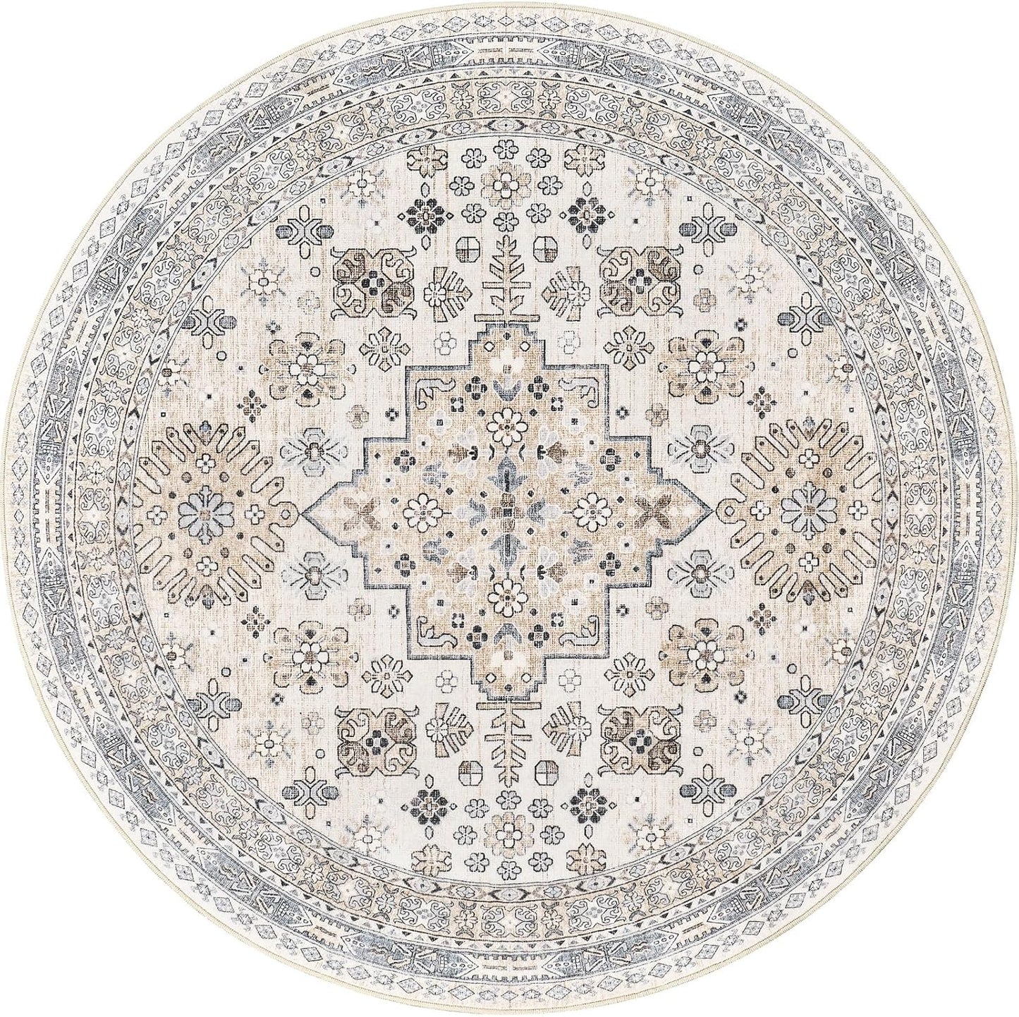 zesthome 8ft Round Rugs for Living Room, Non-Slip Washable Round Area Rugs, Ultra-Thin Large Circle Rugs, Soft Low Pile Rug for Bedroom, Kitchen - Vintage Stain Resistant Round Rug (Beige,8'x8')