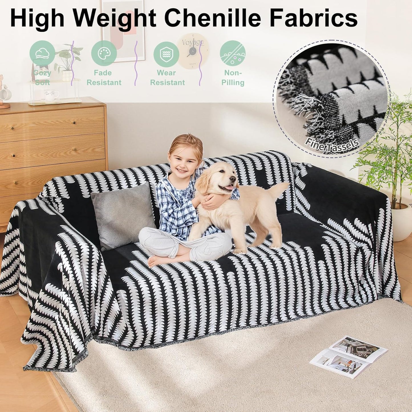 Boho Couch Cover, Sofa Cover, Sofa Covers for 2 Cushion Couch, Washable Sectional Couch Covers for Dogs Pet Furniture Protector Couch Cover Blanket for Living Room (2# Black, 71" x 118")