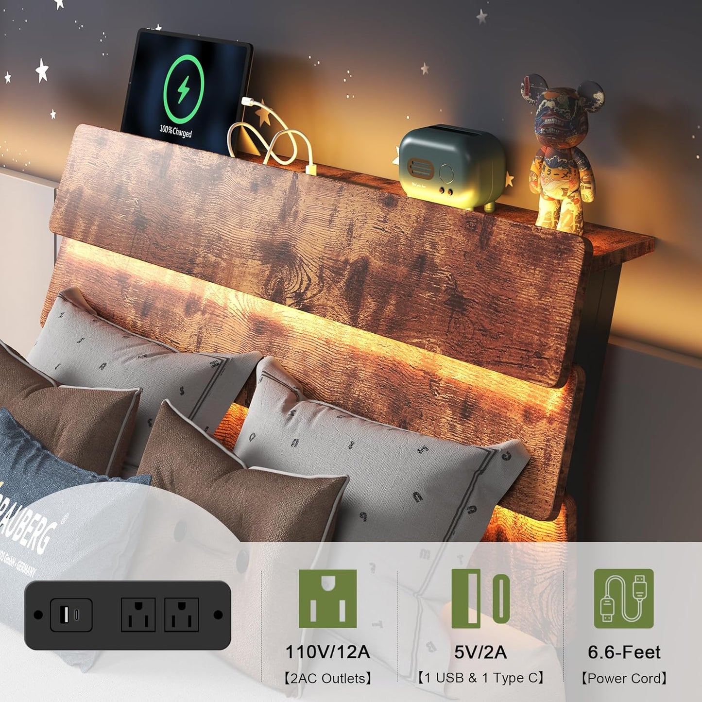 Feonase Twin Floating Bed Frame with Led Lights and Charging Station, Wood Twin Size Bed Frame with Storage Headboard, Heavy Duty Metal Slats, No Box Spring Needed, Easy Assembly, Vintage Brown