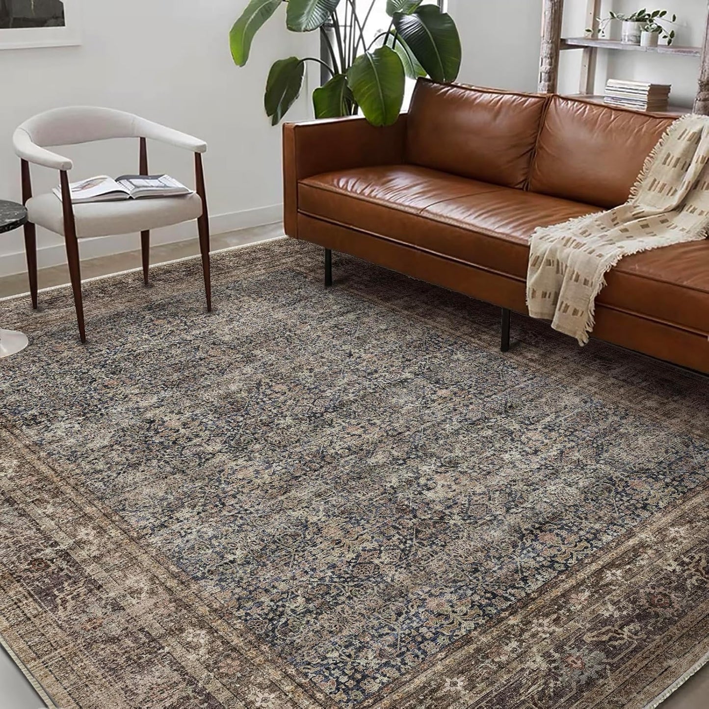 Washable Area Rug 8'x10' Retro Boho Design Non-Shedding Non-Slip Easy Care Ideal for High Traffic Areas in Living Room Bedroom Office Coffee Table Kitchen Large Carpet