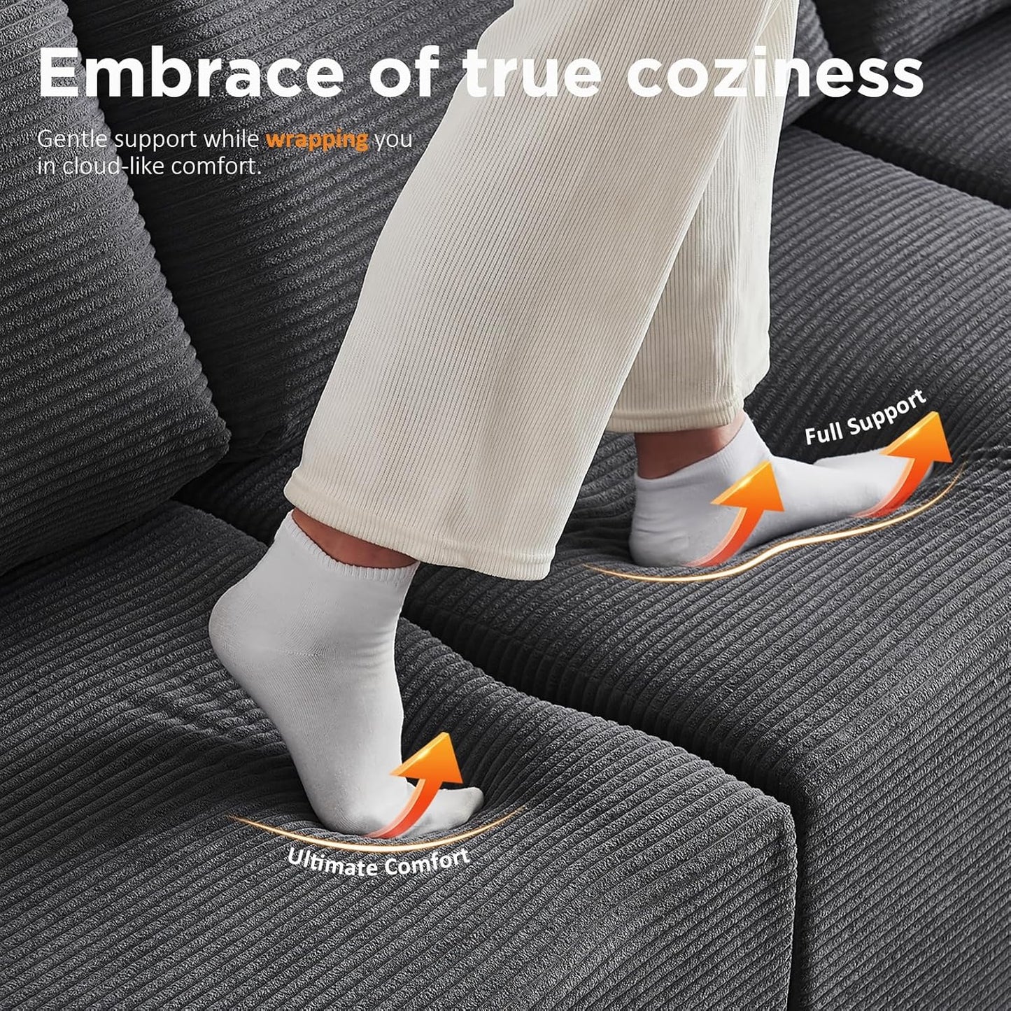 INGEROOM 108" Cloud Sectional Couch, Modular Sectional Sofa with L-Shaped Chaise, Modern Plush Corduroy Couch for Living Room Bedroom, No Assembly Required, Deep Seating Floor（Dark Gray）