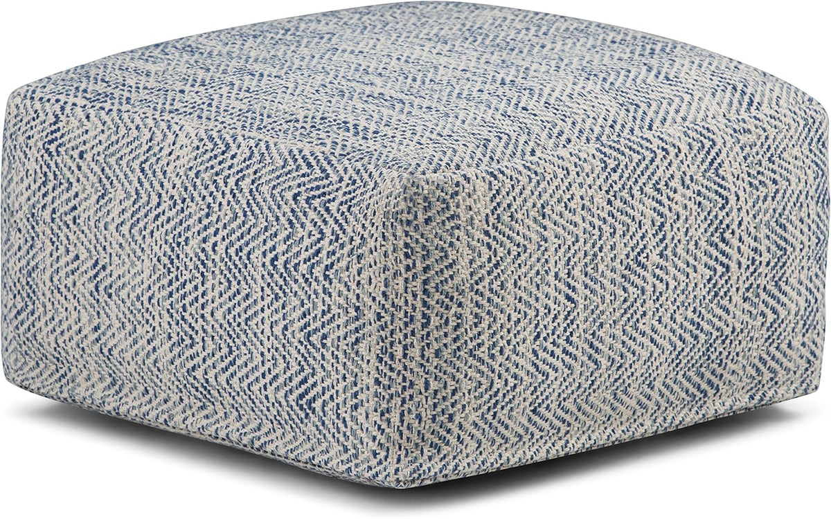 SIMPLIHOME Nate 20-inch Wide Square Pouf in Patterned Denim Mélange, Handwoven Boho-Style Cotton Ottoman, Footrest, or Extra Seating for Living Room, Assembled