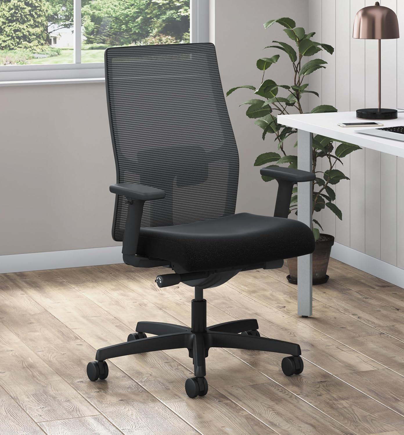 HON Ignition 2.0 Mid Back Task Chair, Advanced Synchro-Tilt Control, Office Chair with Lumbar Support, Height and Width Adjustable Arms, Black Frame, Black
