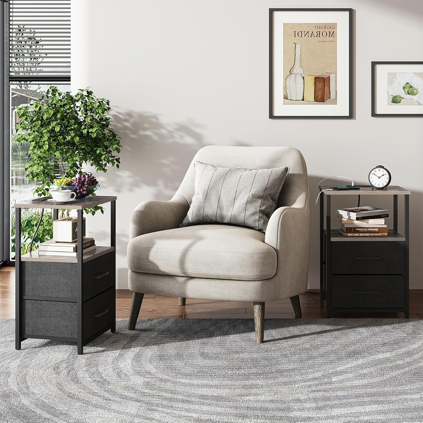 TUTOTAK End Table with Charging Station, Side Table with 2 USB Ports and Outlets, Nightstand with Cloth Drawer, Set of 2, Couch Table, Greige TB01BG052