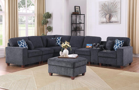 L-Shaped Sectional Couch for Living Room with Movable Ottoman&6 Throw Pillows,7 Seat Chenille Upholstered Sofa W/2 Cup Holder,USB Port&Hidden Storage Box,DIY Combination,Apartment,Dark Gray,127"