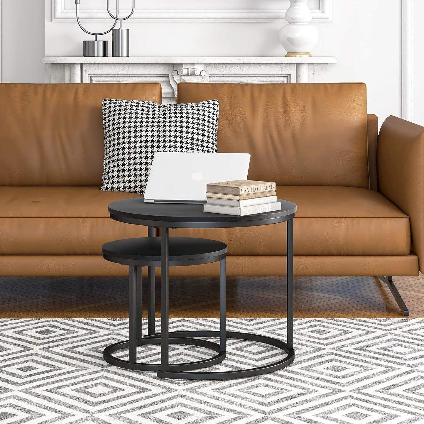 Small Coffee Table Set of 2, Round End Tables for Living Room, Modern Black Nesting Tables, Farmhouse Wood Side Table With Metal Frame, Easy Assembly, Stacking
