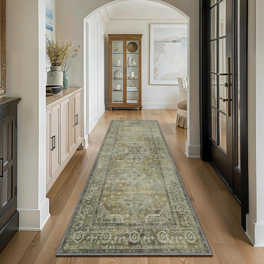 GENIMO Runner Rug 2x8 Non Slip Machine Washable Vintage Hallway Runner Rugs, Low Pile Lightweight Mat for Living Room, Entryway, Bedroom, Kitchen and Corridor, Distressed Sage