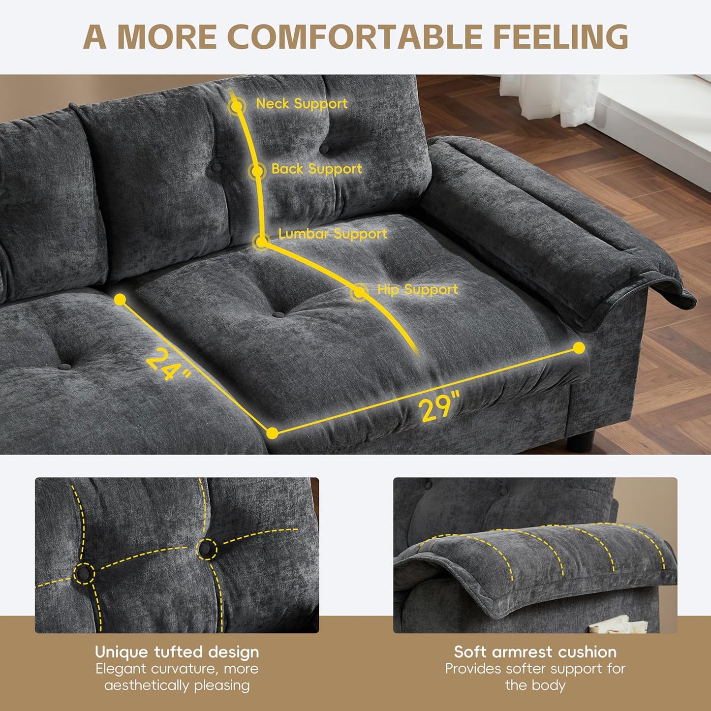 Mreax L-Shape Sectional Sofa with Movable Storage Ottoman and Multifunctional Armrest, 4 Seater Oversized Chenille Upholstered Cloud Couch for Living Room, Apartment, Unique Tufted Design, Dark Gray