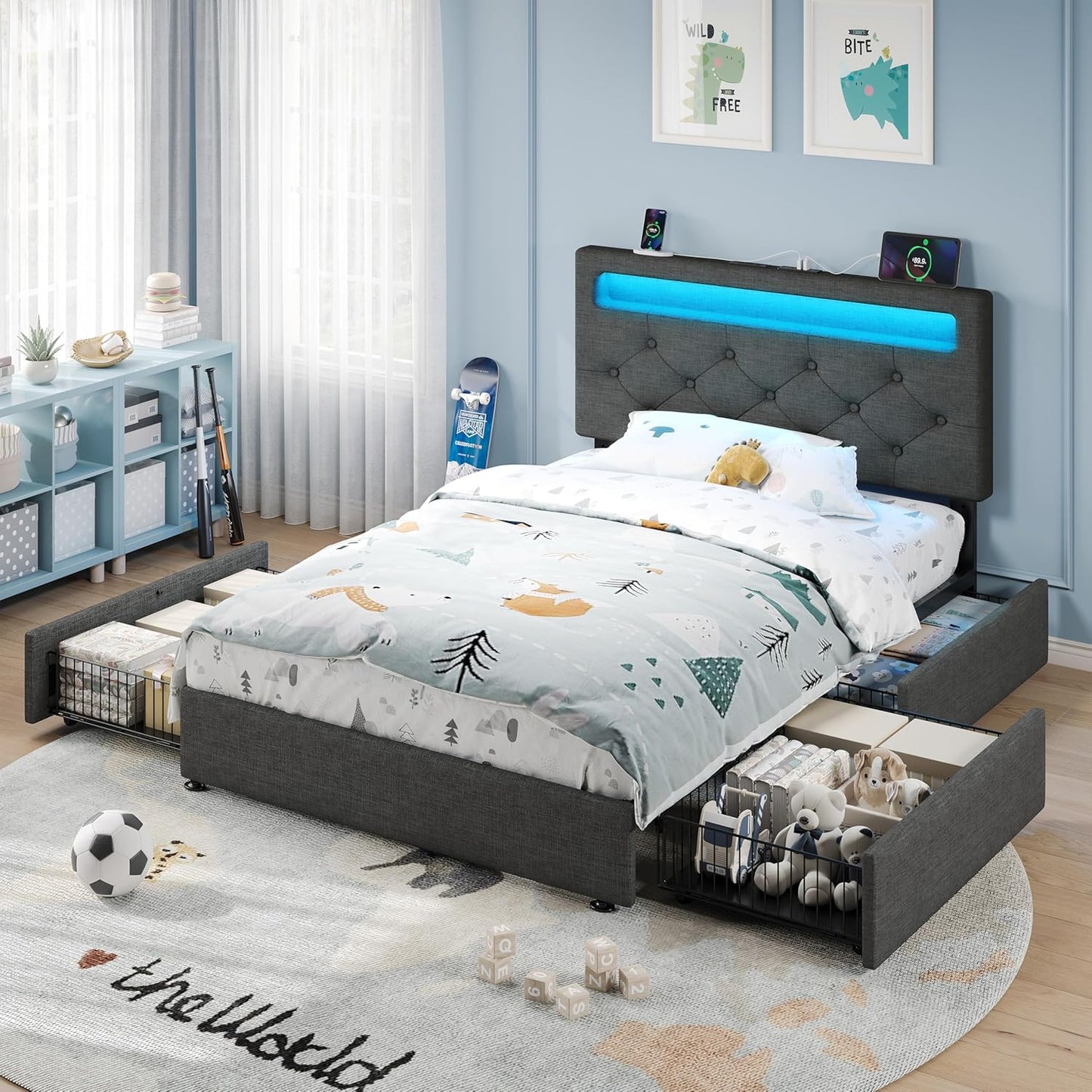 Rolanstar Twin Bed Frame with 4 Storage Drawers and Charging Station,Twin Bed with Led Lights, 2 USB & 1 Type C, Adjustable Headboard 38.9/40.8 Inches, No Box Spring Needed, Grey