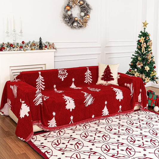 MYSKY HOME 71X134 inches Sofa Christmas Couch Cover, Sectional Sofa Covers Sofa Slipcover for 3 Cushion Couch, L Shape Couch Covers for Dogs, Kids, Washable Sofa Blanket, Furniture Protector, Red
