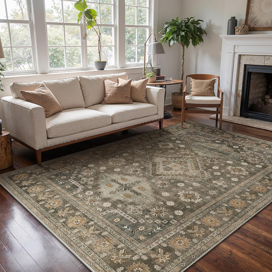 GENIMO 9x12 Area Rugs for Living Room, Machine Washable Low Pile Rugs, Non Slip Vintage Rug for Bedroom, Dining Room, Home Office, Kitchen, Distressed Deep Brown