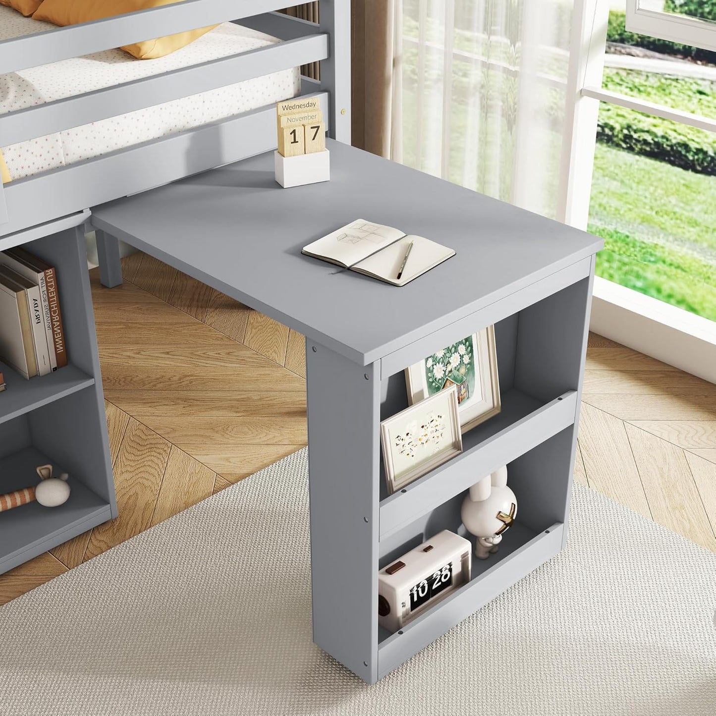 KEIKI Twin Size loft Bed with Pull-Out Desk & Drawers & Open Shelves, Wood Loft Bed with Guardrail, Low Twin Bed for Kids, Grey