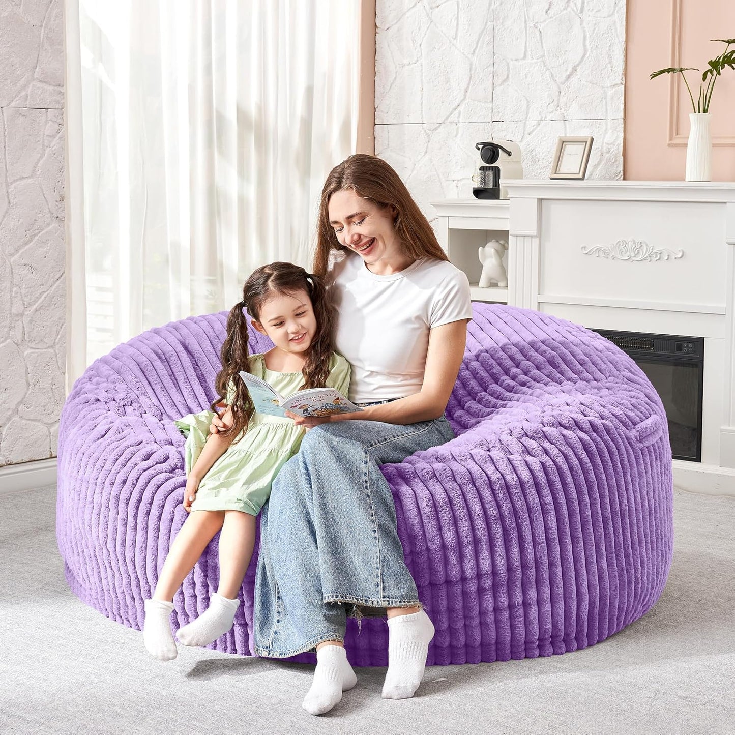 HABUTWAY 3FT Bean Bag Chair, 3' Large Bean Bag Chairs for Adults with Removable Stripe Plush Cover, Memory Foam Beanbag Chair for Living Room Bedroom Dorm (Purple)
