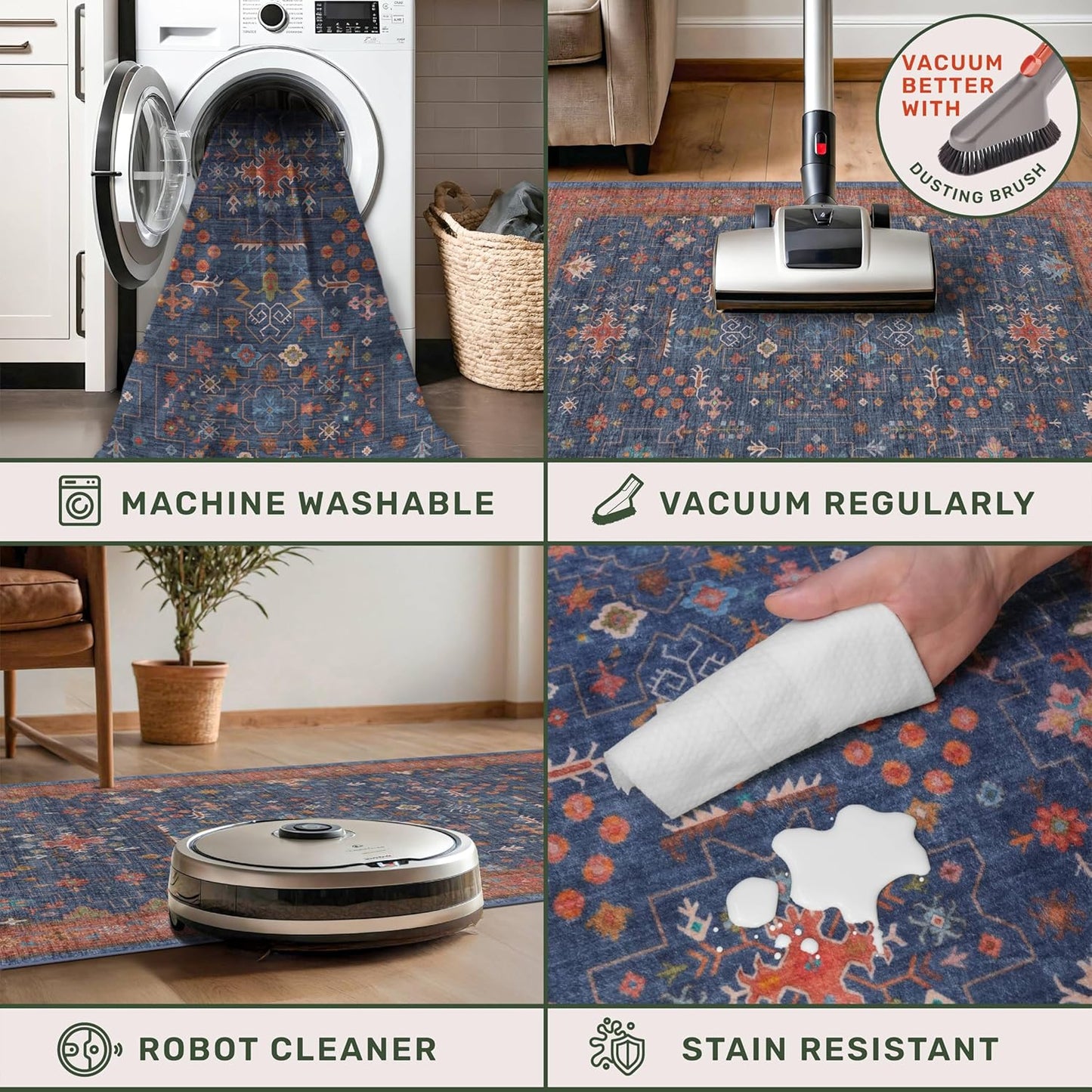 Washable Navy Blue Living Room Rug, 7x10 Area Rug for Bedroom, Dining Table Rugs - Low Pile Non-Slip Rubber Backing Stain Resistant Rug - Aethestic Boho Home Decor