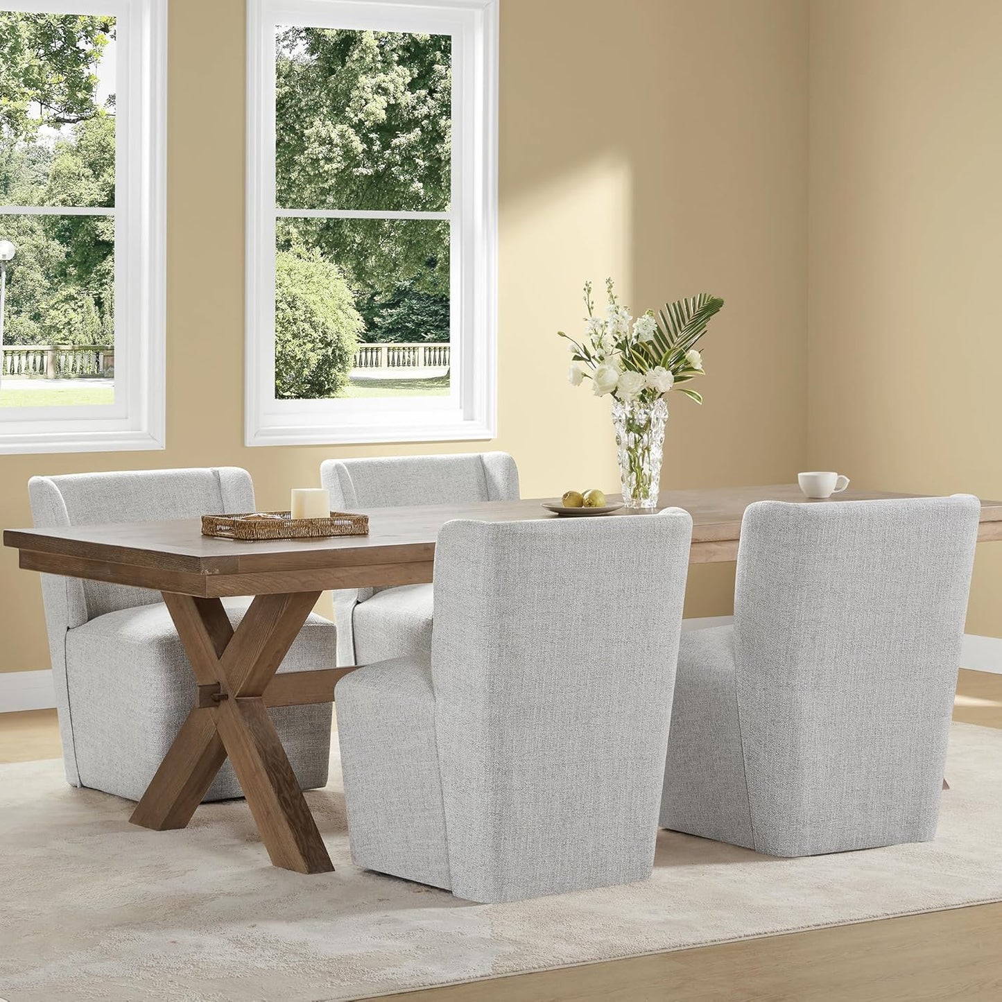 Upholstered Dining Chair with Casters Wingback Modern Side Armless Deskchair with Rollers for Diningroom Bedroom Livingroom Reading Room,Light Grey,2 Box