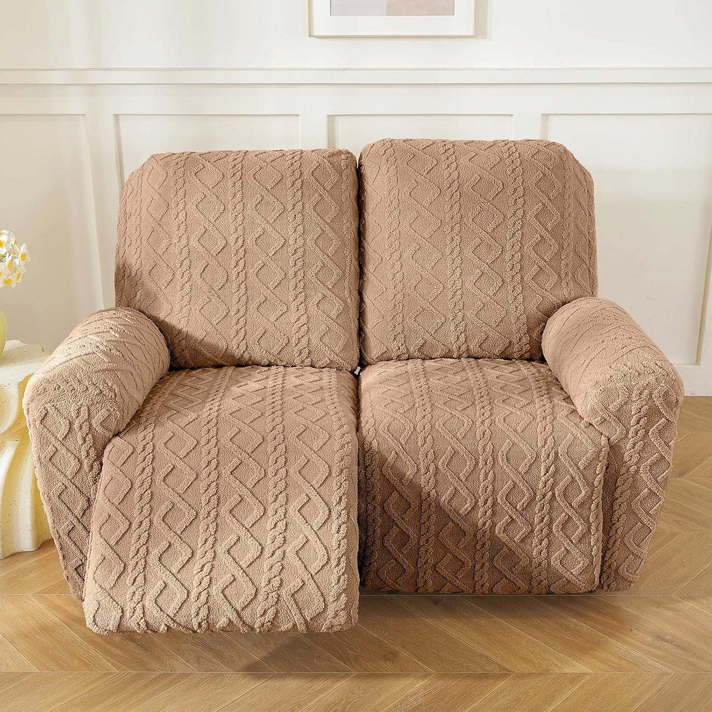 vctops 6 Pieces Geometric Jacquard Plush Recliner Loveseat Slipcovers Soft Fuzzy Fluffy Sofa Couch Cover Anti-Slip Furniture Protector with Elastic Bottom for Kids Cats Dogs(Brown,2 Seat)