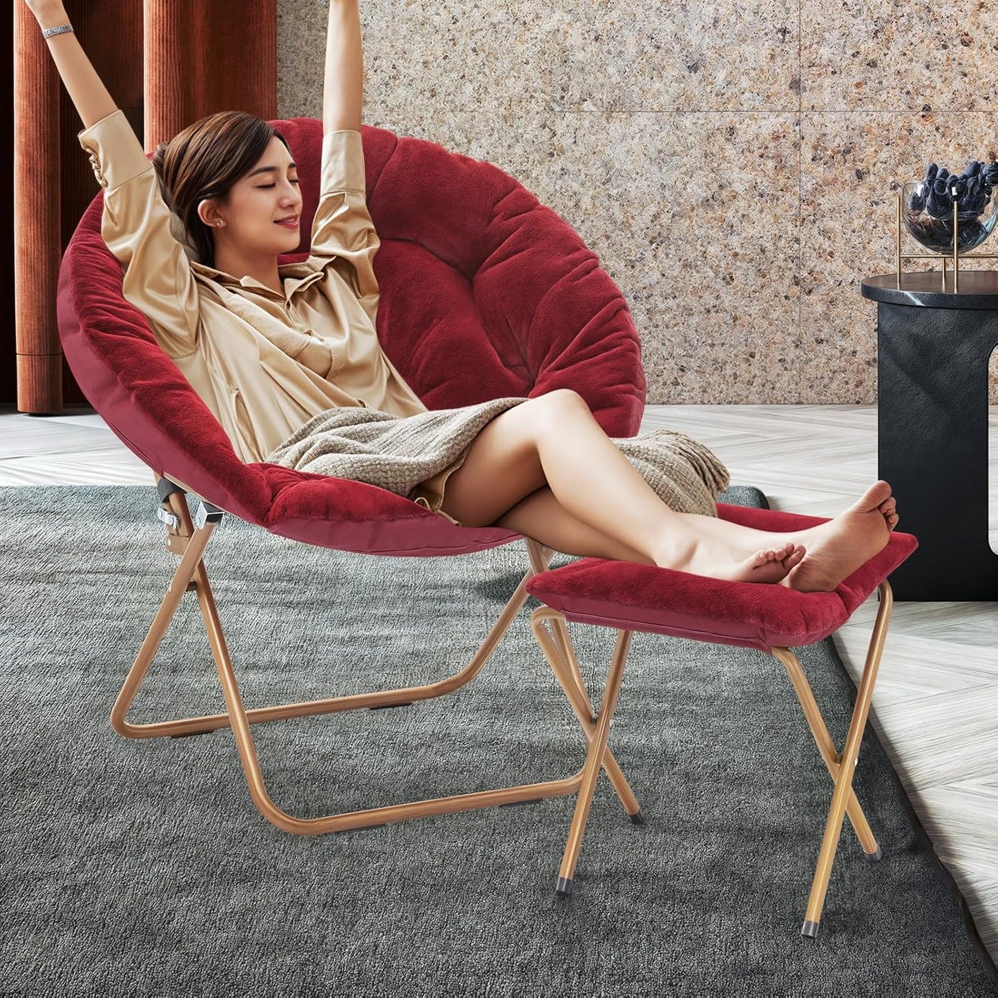 MoNiBloom Round Folding Faux Fur Saucer Chair for Bedroom Living Room Dorm Foldable Metal Frame Oversized Large Comfy Furry Padded Soft Cozy Moon Chair with Footrest Ottoman for Adults (Burgundy)