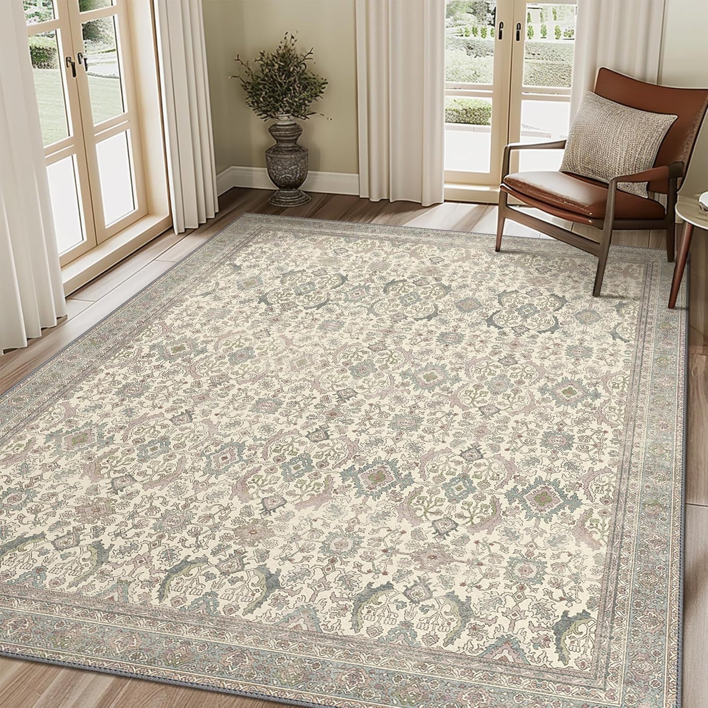 8X10 Area Rugs Machine Washable Rugs for Living Room, Vintage Boho Large Rugs for Bedroom Dining Room, Non Slip Indoor Soft Distressed Lightweight Thin Low Pile Carpet, Cream