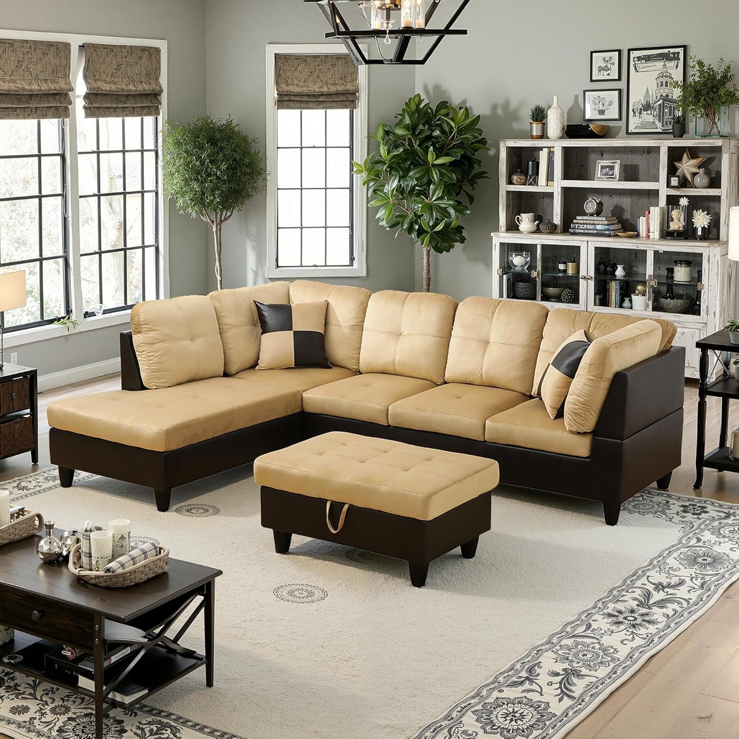 NicBex Sectional Couch 3 Pieces Sofa Set with Right Chaise Lint PVC L Shaped Cloud Couch for Living Room Furniture Sets with Storage Ottoman, Modular Sofa for Living Room & Apartment, Beige+Black